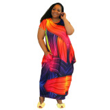 Plus Size Women Fashion Digital Printing Round Neck Pullover Short Sleeve Dress