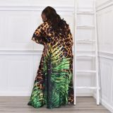 Women's Lace Up Belt Leaves Leopard Print Cardigan Plus Size Dress