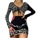 Letter Print Cardigan Pullover Long Sleeve High Waist Pack Hip Dress