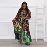 Women's Lace Up Belt Leaves Leopard Print Cardigan Plus Size Dress