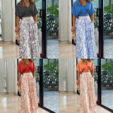 V-Neck Cropped Two-Piece Shirt Top Print Commuter Wide Leg Pants Set