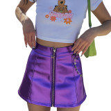 Solid Color Zipper High Waist Bag Hip Chain Casual Short Skirt