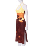 Pullover Halter Sleeveless Printed High Waist Slit Dress