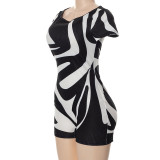 Sexy black and white contrast color personality slanted shoulder short-sleeved slim fit shorts