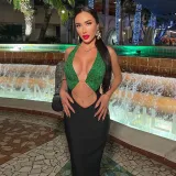 Sequin Halter Contrast Color Splicing Sexy Cutout Air Slim Fit Dress