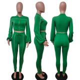 Women's Cardigan Lantern Sleeve Elastic Waist Slit Pants Set LD83110