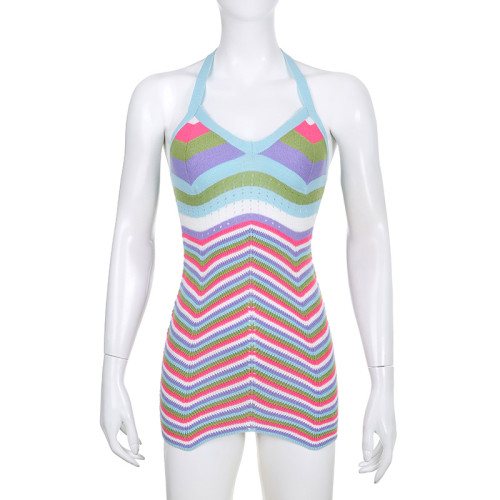 Colorful Striped Colorblock Wool Knit Halter Short Sexy Dress
