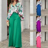 Loose plus size casual printed shirt top wide leg pants two-piece set