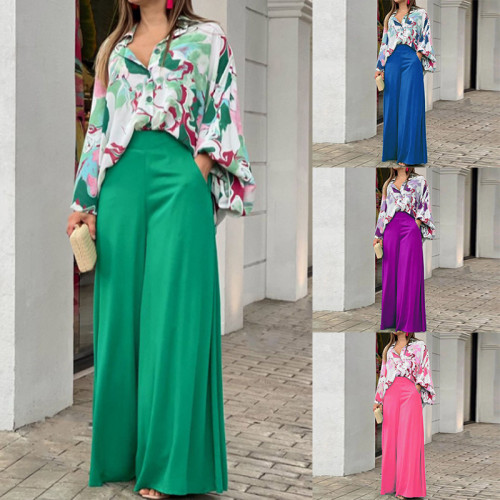 Loose plus size casual printed shirt top wide leg pants two-piece set