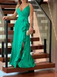 Sling V-Neck High Waist Ruffle Irregular Slit Dress