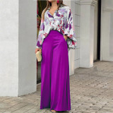 Loose plus size casual printed shirt top wide leg pants two-piece set