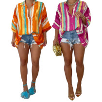 Sexy Front Short Back Long Fashion Casual Colorful Striped Loose Shirt