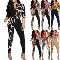 Casual Suit Colorblock Print Long Sleeve Lapel Shirt Casual Pants Two Piece Set