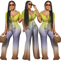 Women's Fashion Simple Gradient Color V-Neck Short-Sleeve Trousers Two-Piece Set
