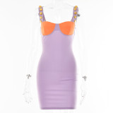 Contrast color low-cut hot girl short skirt fashion all-match backless tight waist suspender dress