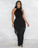 Women's Solid Color Neck Waist Fringe Tight Two-Piece Set
