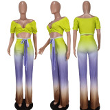 Women's Fashion Simple Gradient Color V-Neck Short-Sleeve Trousers Two-Piece Set