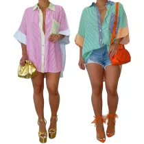 Striped Button Pocket Loose Front Short Back Long Shirt