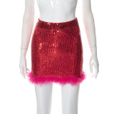 Sexy package hip skirt sequined feather skirt