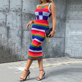 Fashion Sleeveless Contrast Plaid Long Slim Fit Hip Knit Dress