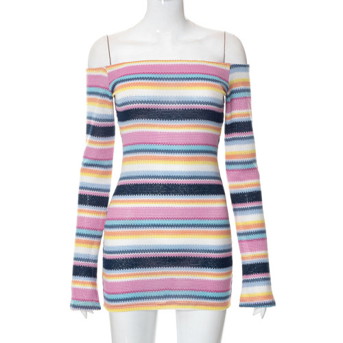Sexy Contrast Striped Long Sleeve Slim Fit Dress