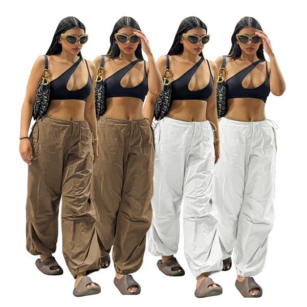 Elastic Strap Street Solid Color Cargo Loose Casual Pants