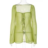 Women's Sexy Mesh See-Through Lace-Up Cardigan Lightweight Long Sleeve T-Shirt
