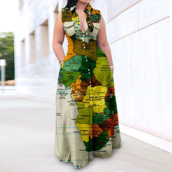 Plus Size Women's Casual Map Print Sleeveless Lapel Shirt Dress