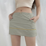 Basic Color Contrast Layered Pig Nose Button Drawstring Pocket Woven Skirt