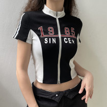 Motorcycle girl contrast color stitching stand-up collar zipper slim short-sleeved knitted T-shirt trend