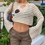 Fashion pure and sweet mesh hollow horn sleeve short solid color knitted blouse