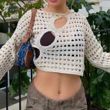 Fashion pure and sweet mesh hollow horn sleeve short solid color knitted blouse