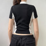 Motorcycle girl contrast color stitching stand-up collar zipper slim short-sleeved knitted T-shirt trend
