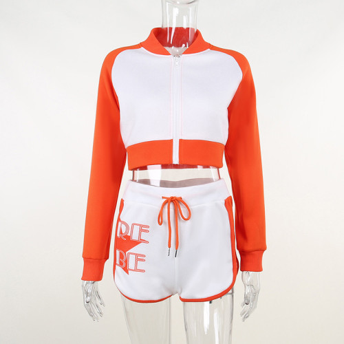 Print Colorblock Sports Casual Long Sleeve Shorts Set Fashion Women's Two Piece Set