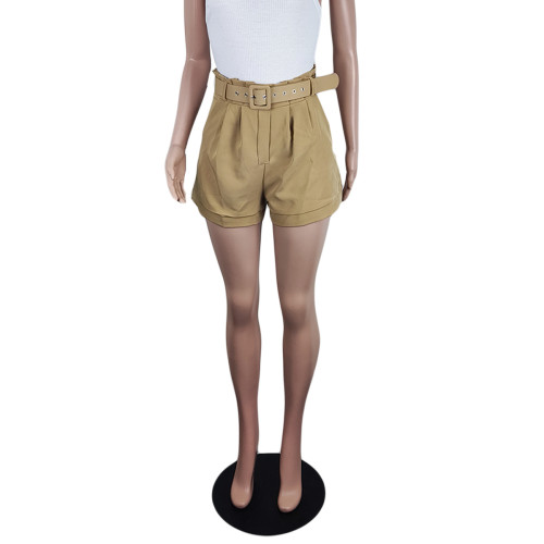 Solid Color Casual Versatile Shorts With Tonal Belt Side Pockets