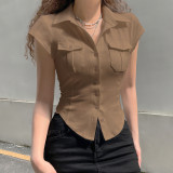 Fashion Solid Color Temperament Lapel Pocket Breasted Slim Fit Slim Short Sleeve Shirt Top