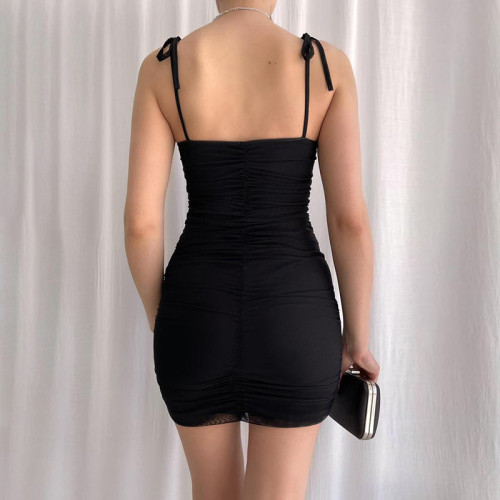 Women's Strap Neck Perspective Mesh Sexy Navel Slim Dress