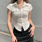 Fashion Solid Color Temperament Lapel Pocket Breasted Slim Fit Slim Short Sleeve Shirt Top