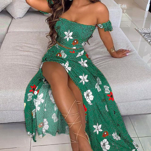 Fashion Sexy One Shoulder Dress Chiffon Print Slit Long Skirt