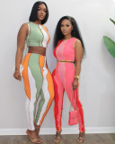 Sexy Women's Contrast Color Splicing Pit Strip Two-piece Suit