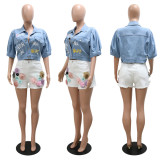 Trendy Personality Slim Straight Single-Breasted Printed Cannonball Short Denim Top