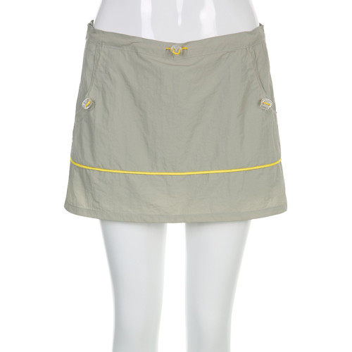 Basic Color Contrast Layered Pig Nose Button Drawstring Pocket Woven Skirt