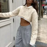 Fashion Round Neck Long Sleeve Cropped Navel Loose Sweater Cropped Top