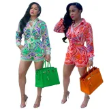 Printed long-sleeved shorts suit knotted shirt European and American fashion women's two-piece suit