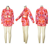 Printed long-sleeved shorts suit knotted shirt European and American fashion women's two-piece suit