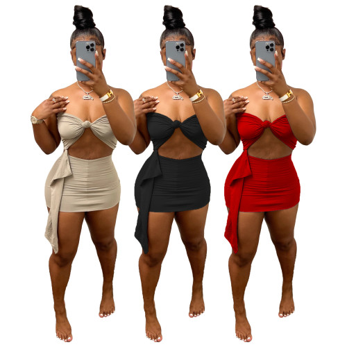 Casual streamer solid color tube top two-piece set