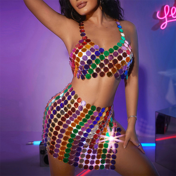 Sexy Nightclub Acrylic Patchwork Sequin Vest Top Skirt Set