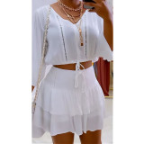 Fashionable casual V-neck pleated two-piece dress