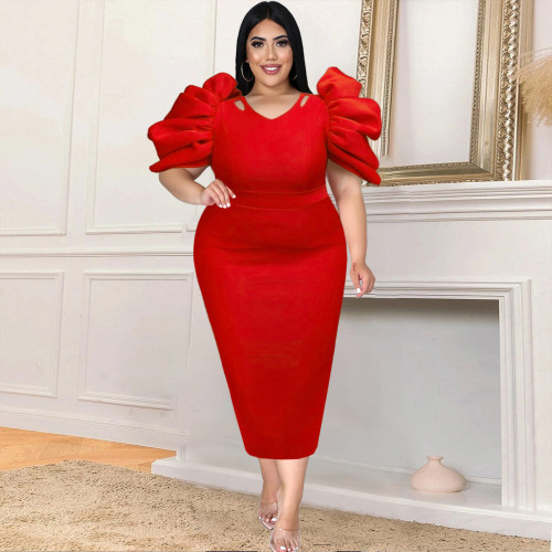 Plus Size S-4XL Cutout Round Neck Solid Pleated High Waist Slim Fit Banquet Party Pencil Skirt Dress