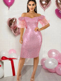 Sexy Tube Top Off Shoulder Collar Lotus Leaf Short Sleeve Pink Sequin Dress Slim Dress Large Size Women's Clothing